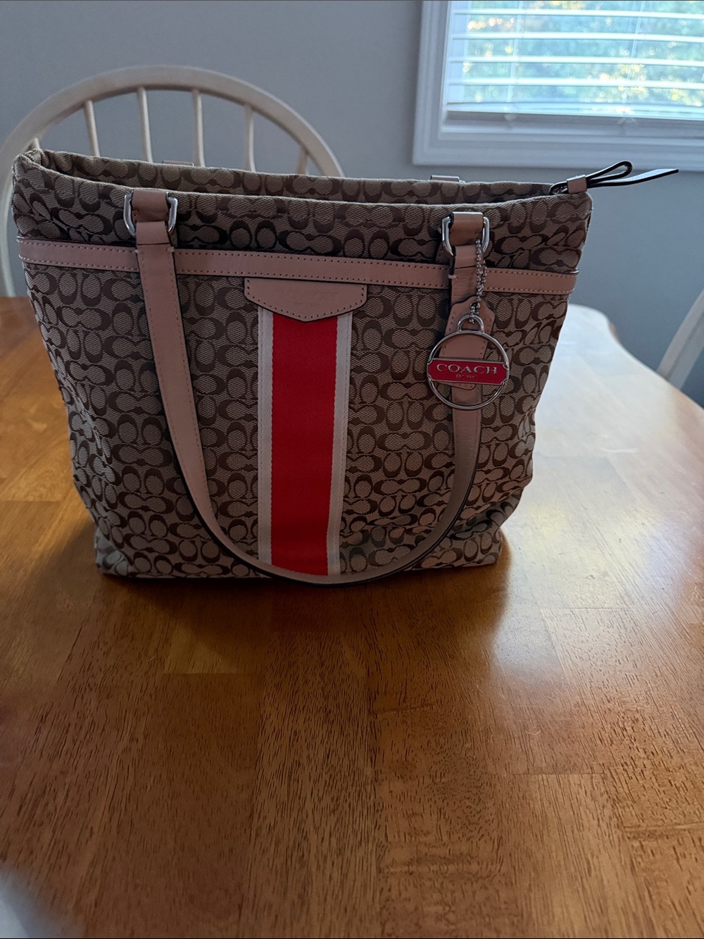 Coach Beige Signature Tote with Orange Center Stripe